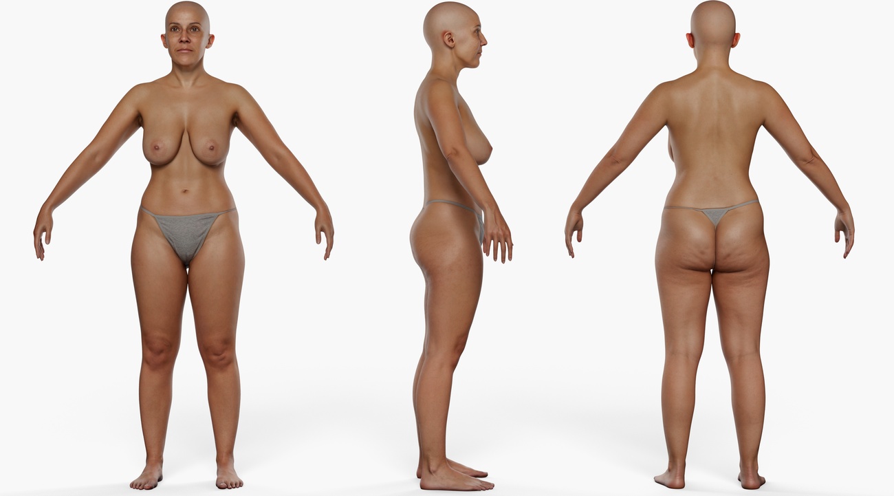 Full body 3D scan of a fuller-figured female with smooth skin, retopologised quad mesh with PBR textures